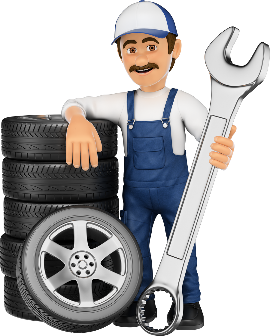 3d Mechanic With a Stack of Tyres and a Huge Wrench